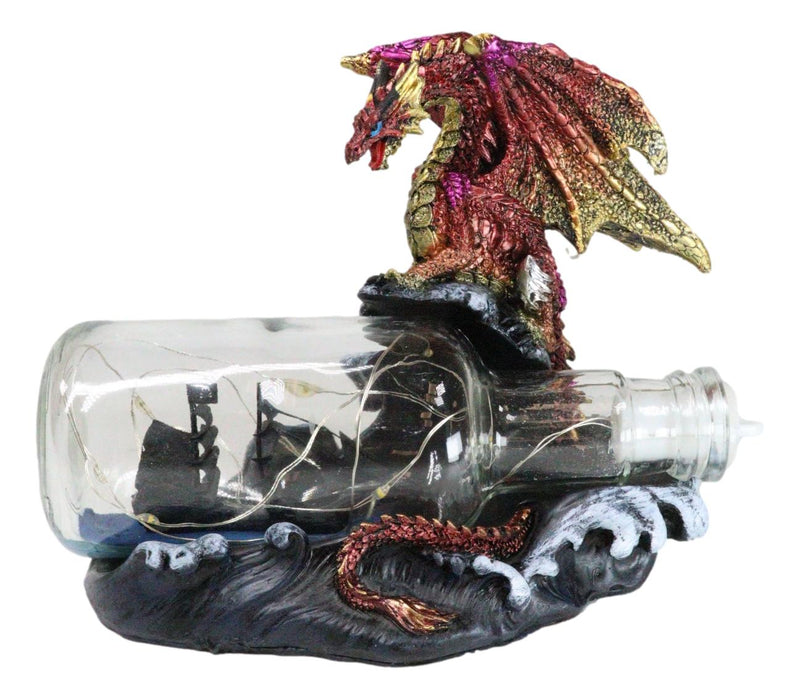 Red Gold Dragon On Ocean Waves Rock With Ship Trapped in LED Bottle Figurine