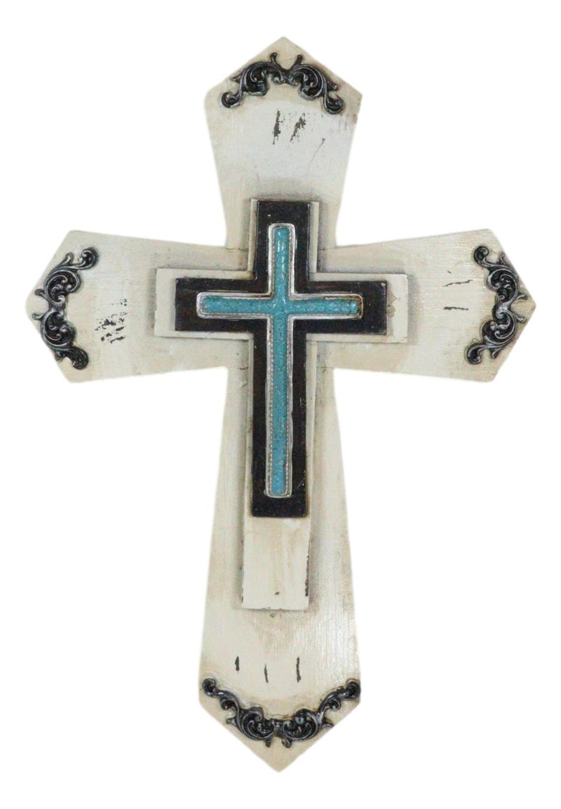 Rustic Western Turquoise Floral Scrollwork Faux Wood Layered Wall Cross Crucifix