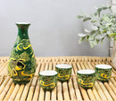 Green Golden Koi Fishes In Water Porcelain Sake Flask And 4 Ochoko Cups Set