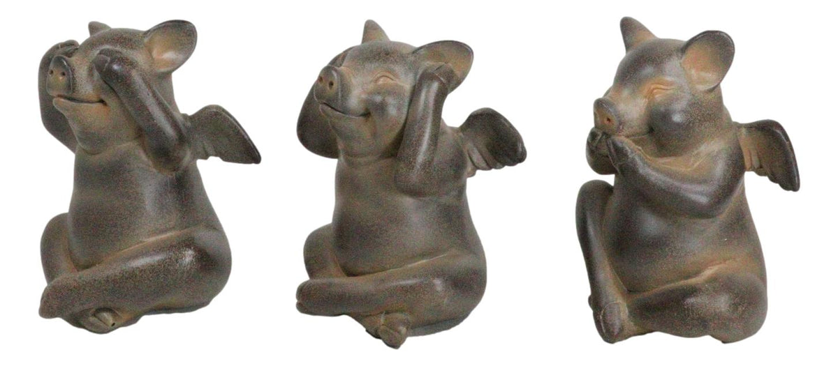 Rustic Country Angel Winged Pigs in See Hear Speak No Evil Poses Figurines Set - Ebros Gift