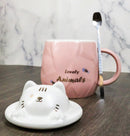 Whimsical Pastel Pink Feline Kitty Cat Cup Mug With Lid And Stirring Spoon