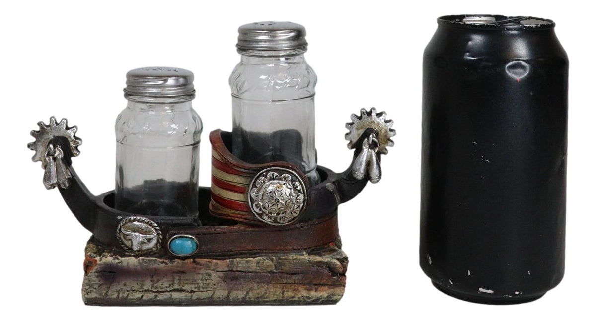 Western Cowboy Boot Spurs USA Flag Conchos Faux Leather Salt Pepper Shakers Set - Ebros Gift