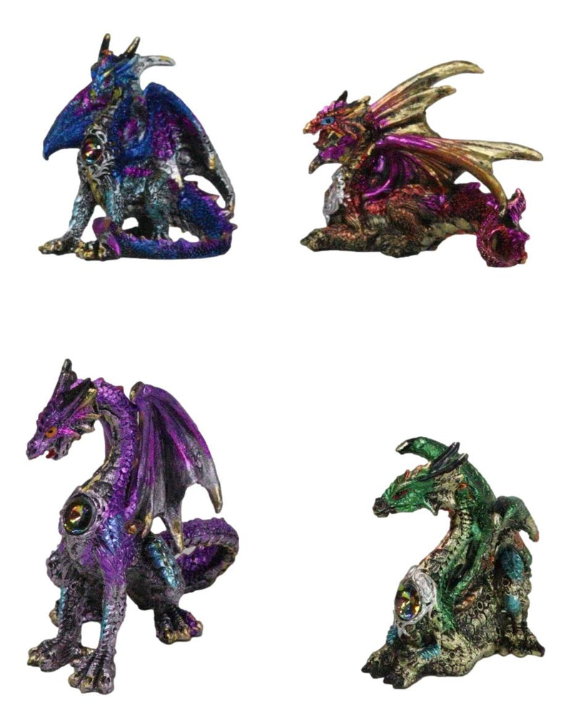 Set of 4 Colorful Metallic Elemental Dragons in Multiple Poses Mini Figurines