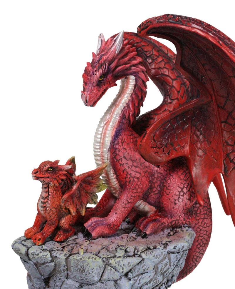 Red Fire Elemental Dragon with Baby Hatchling Standing On Rock Cliff Figurine