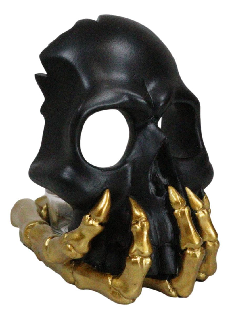 Black Phantom Skull Mask On Gold Skeleton Hand Votive Tea Light Candle Holder