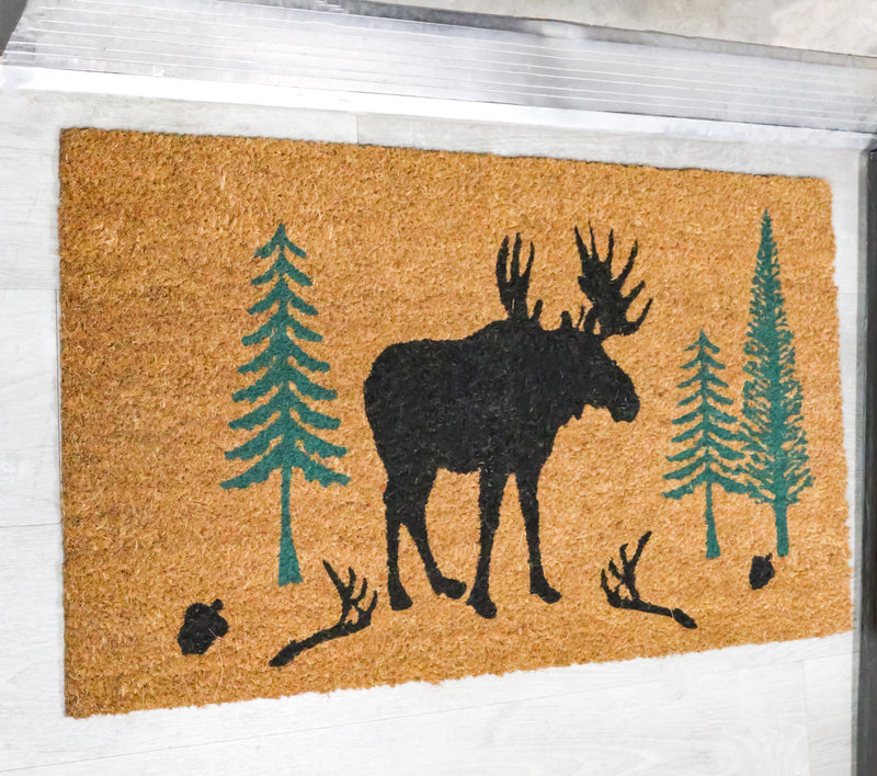 Rustic Western Moose Deer Scenic Pine Forest Coir Fiber Floor Mat Doormat 30X18