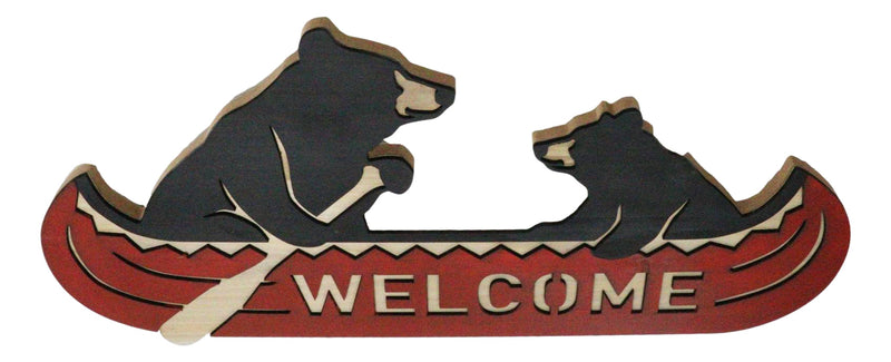 Rustic Father Bear With Cub Rowing Red Canoe Boat Welcome MDF Wall Decor Plaque