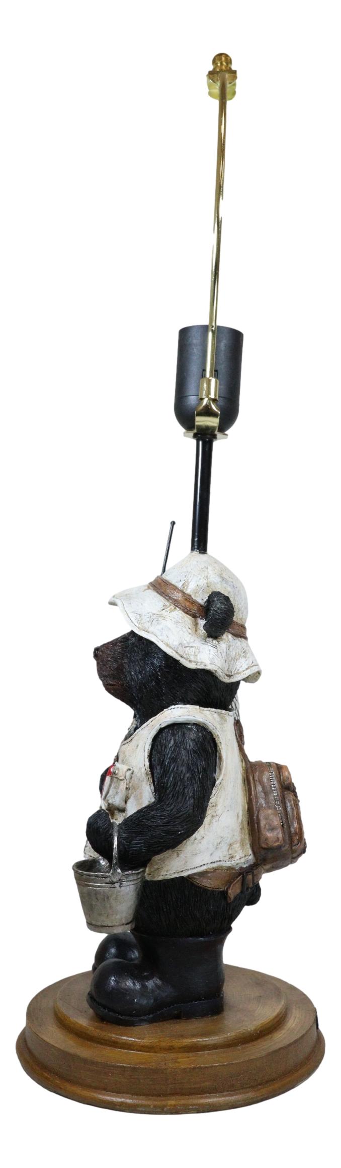 Camping Fisherman Angler Bear Going Fishing With Pole Net And Bucket Table Lamp