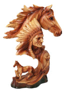 Faux Wood Horse & Native American Chief Figurine Western Tribal Headdress