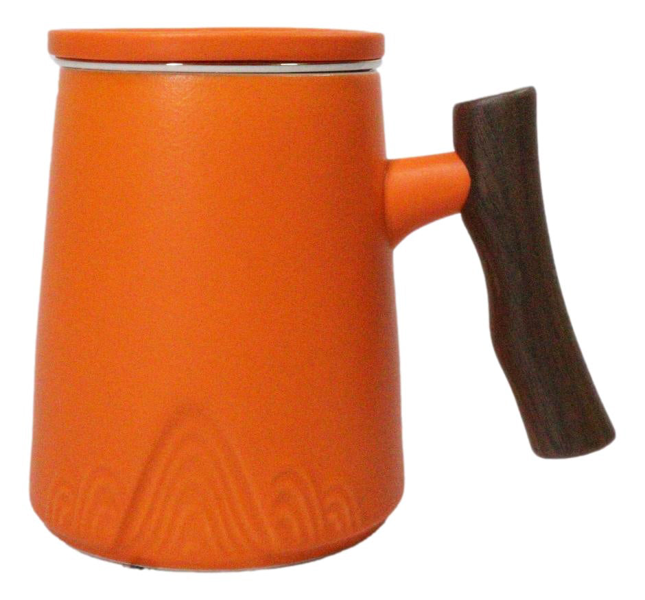 Orange 15 Oz Chic Porcelain Tea Mug with Wooden Handle, Lid and Infuser