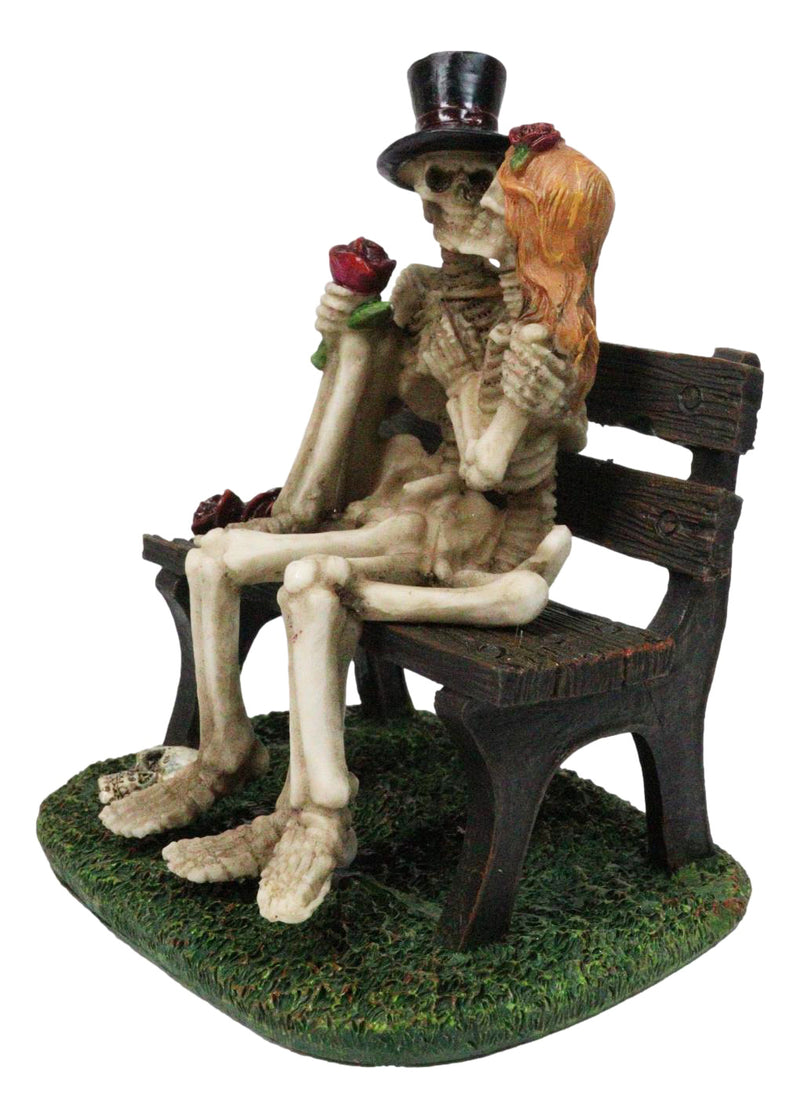 Skeleton Couple with Top Hat and Wig Sitting On Park Bench With Roses Figurine