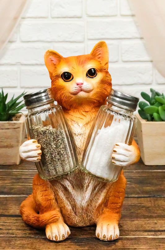 Ebros Orange Tabby Kitty Cat Hugging Spice Salt Pepper Shakers Holder 8.25"H - Ebros Gift