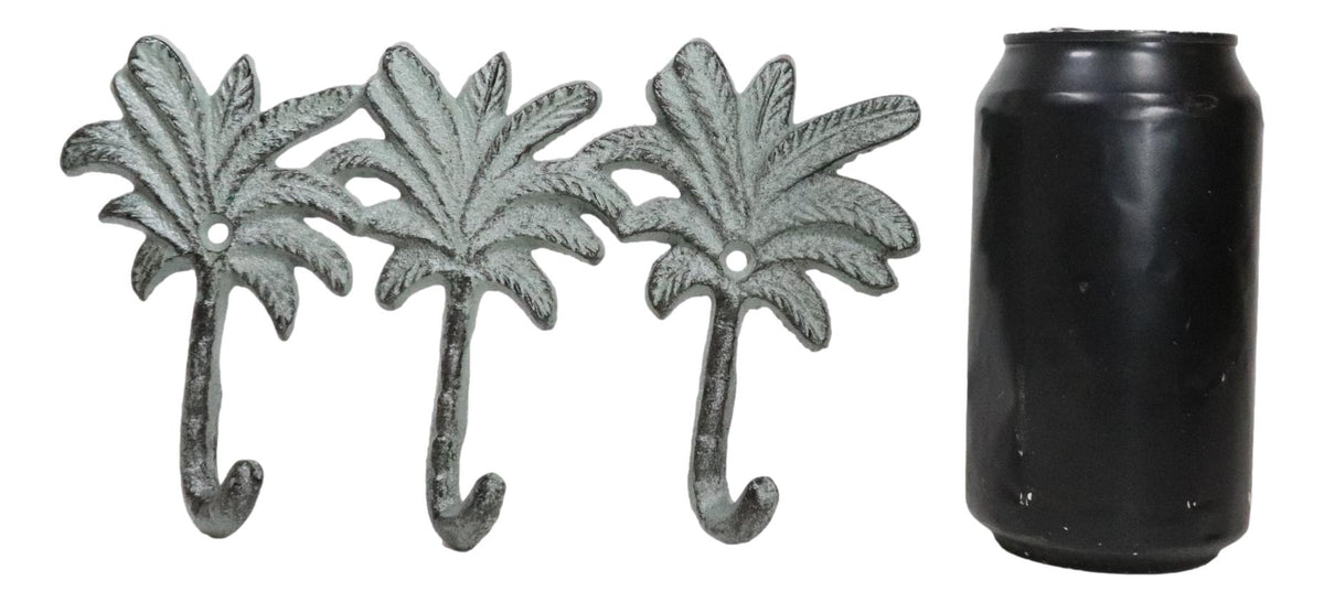 Pack Of 2 Cast Iron Verdigris Beach Coconut Palm Trees Triple Wall Key Hooks - Ebros Gift