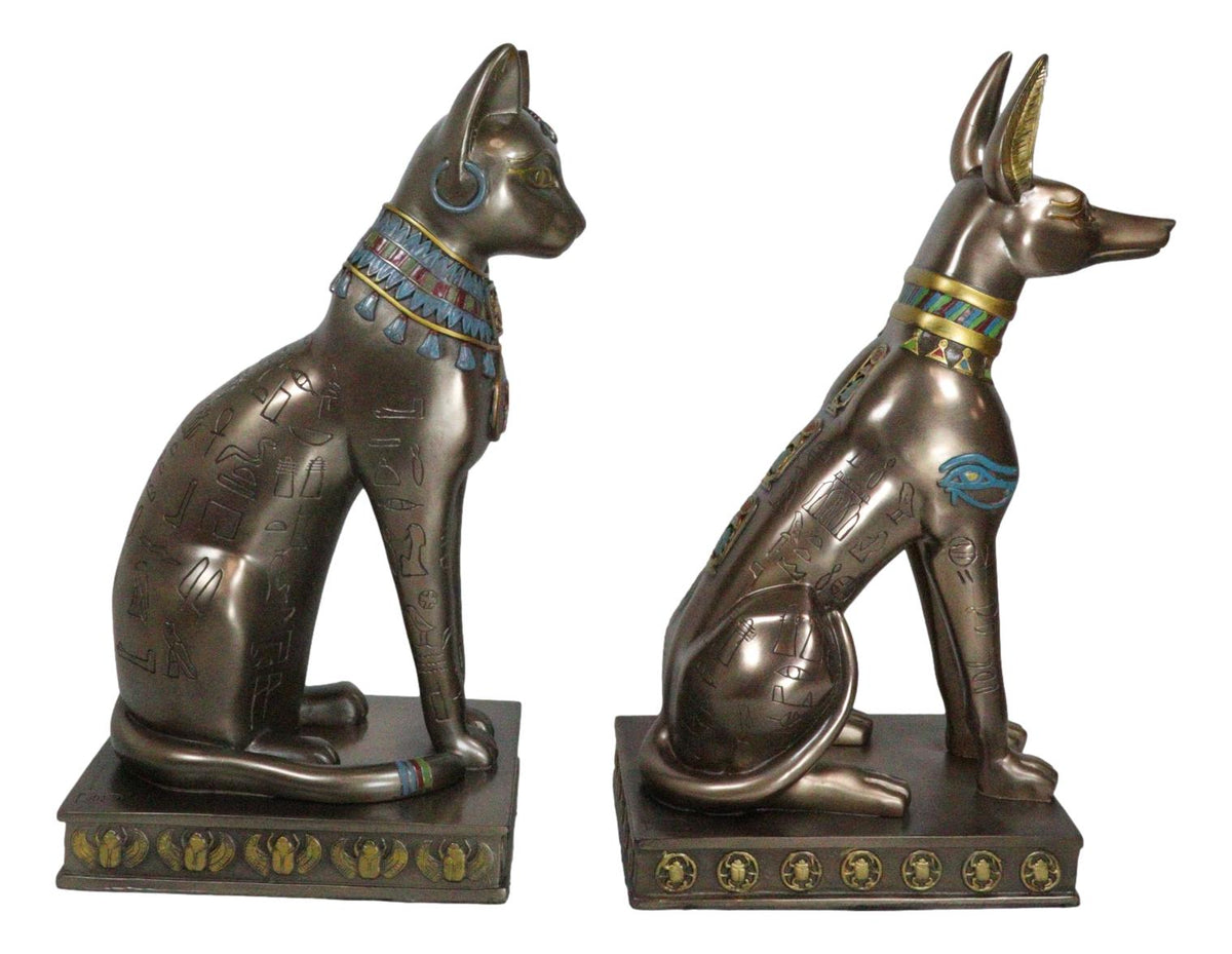 Egyptian Goddess Bastet And God Anubis Sitting On Pedestal Statue Set Of 2