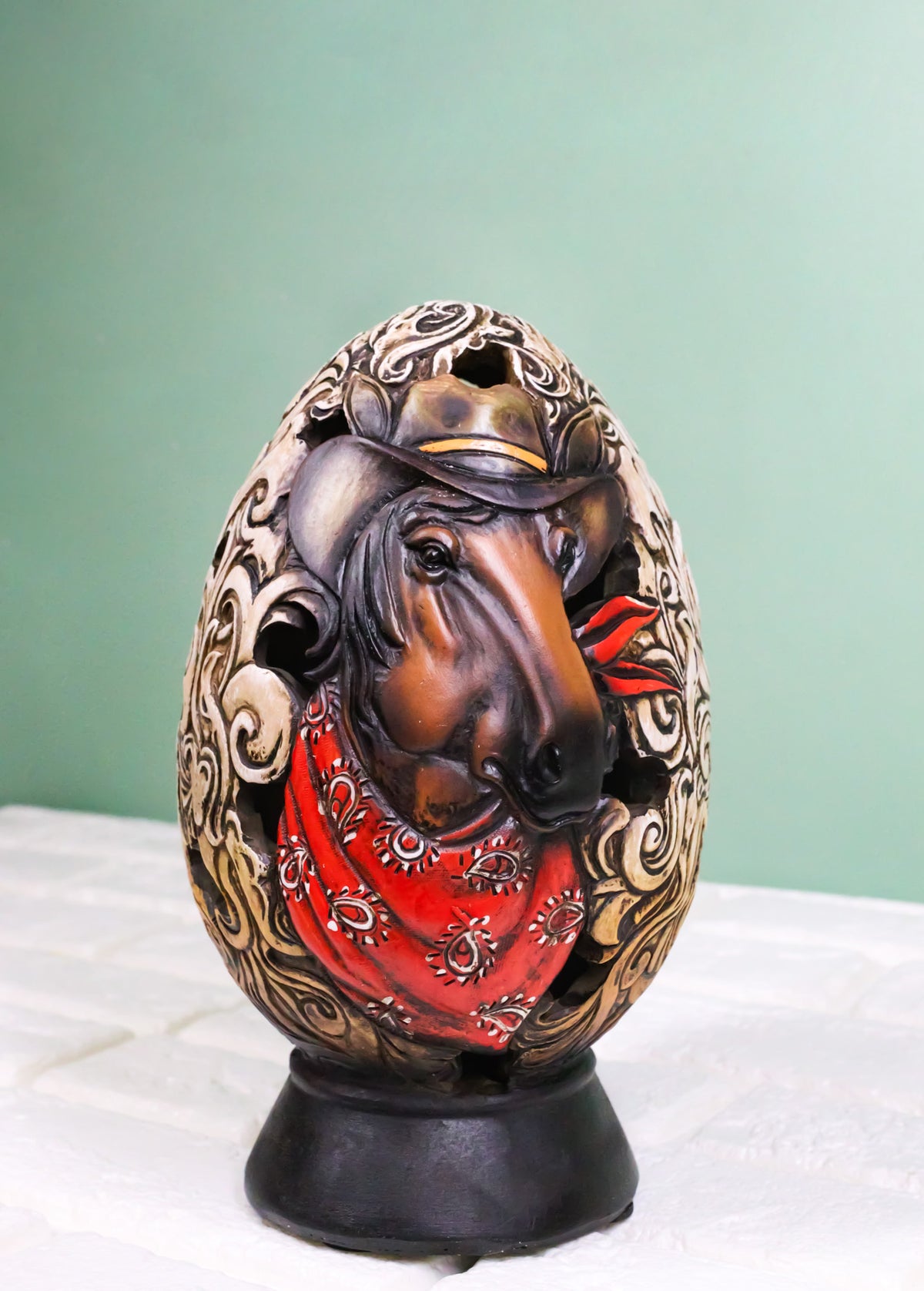 Rustic Western Horse With Cowboy Hat and Red Scarf Egg Money Piggy Bank Figurine