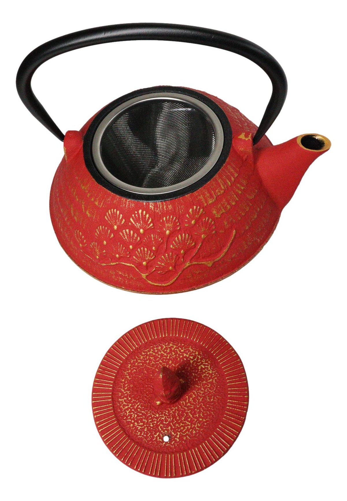 Red And Gold Traditional Ginko Tetsubin Medium Cast Iron Teapot 28oz Tea Pot