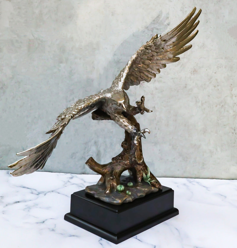 Electroplated Pewter Silver Bald Eagle With Open Wings Soaring Over Tree Statue