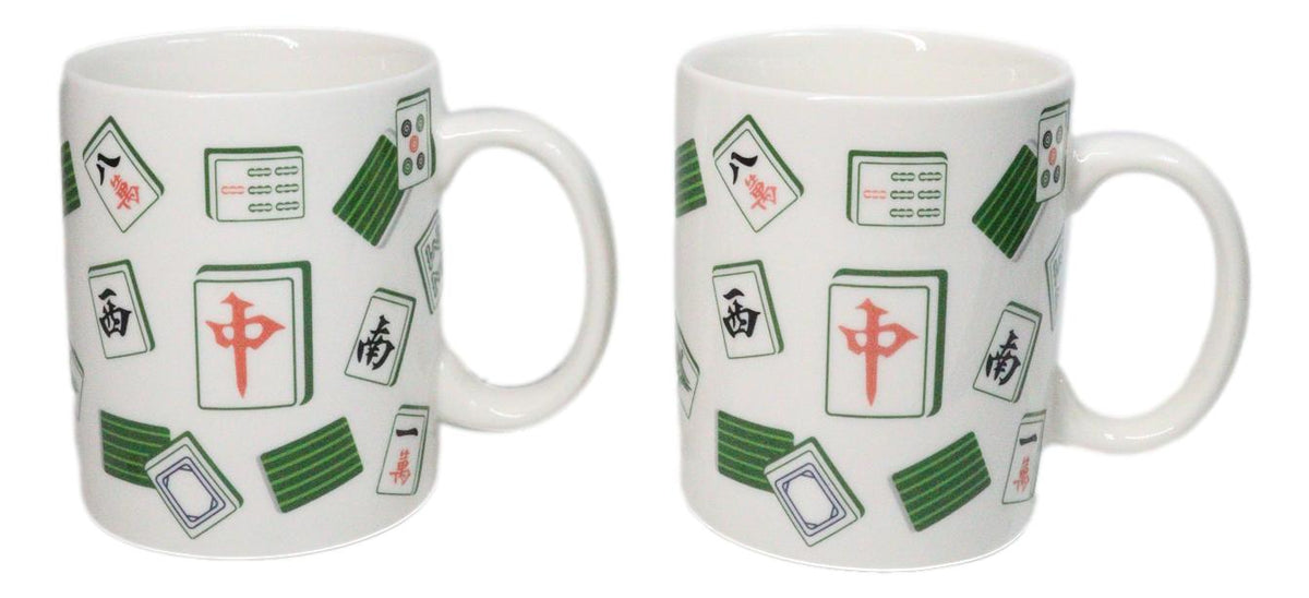Set Of 2 Green White Chinese Mahjong Character Tiles Ceramic Mug Cups 11oz