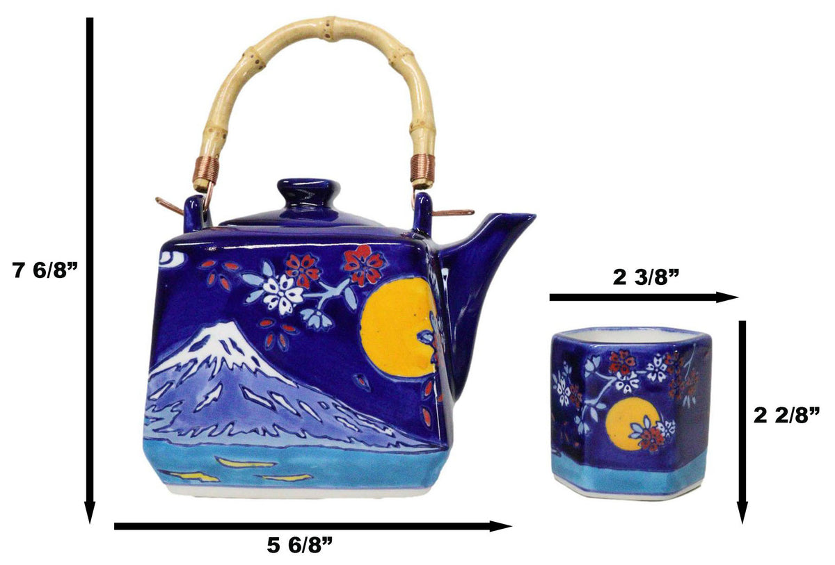 Blue Mount Fuji With Full Moon Ceramic Hexagonal Teapot With 4 Tea Cups Set