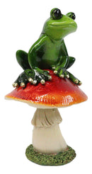 Rainforest Wildlife Green Pond Frog Sitting On Toadstool Mushroom Figurine