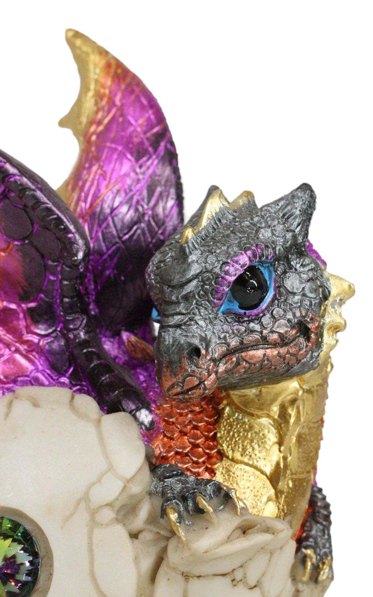 Iridescent Purple And Gold Baby Dragon In Egg Shell With Gemstone Figurine