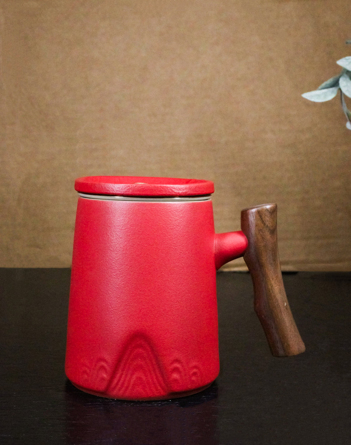 Red 15 Oz Chic Porcelain Tea Mug with Wooden Handle, Lid and Infuser