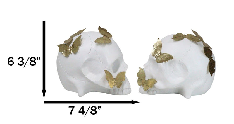 Metamorphosis Golden Butterflies On White Skull Halves Figurine Bookends Set