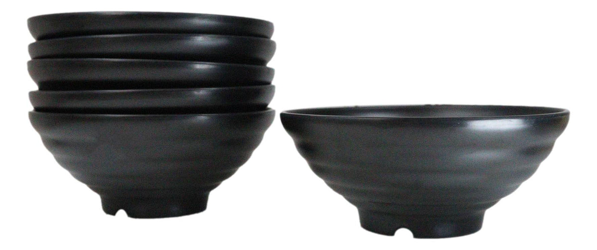 Pack Of 6 Contemporary Ridged Matte Black Melamine Round Ramen Soup Bowls 40oz