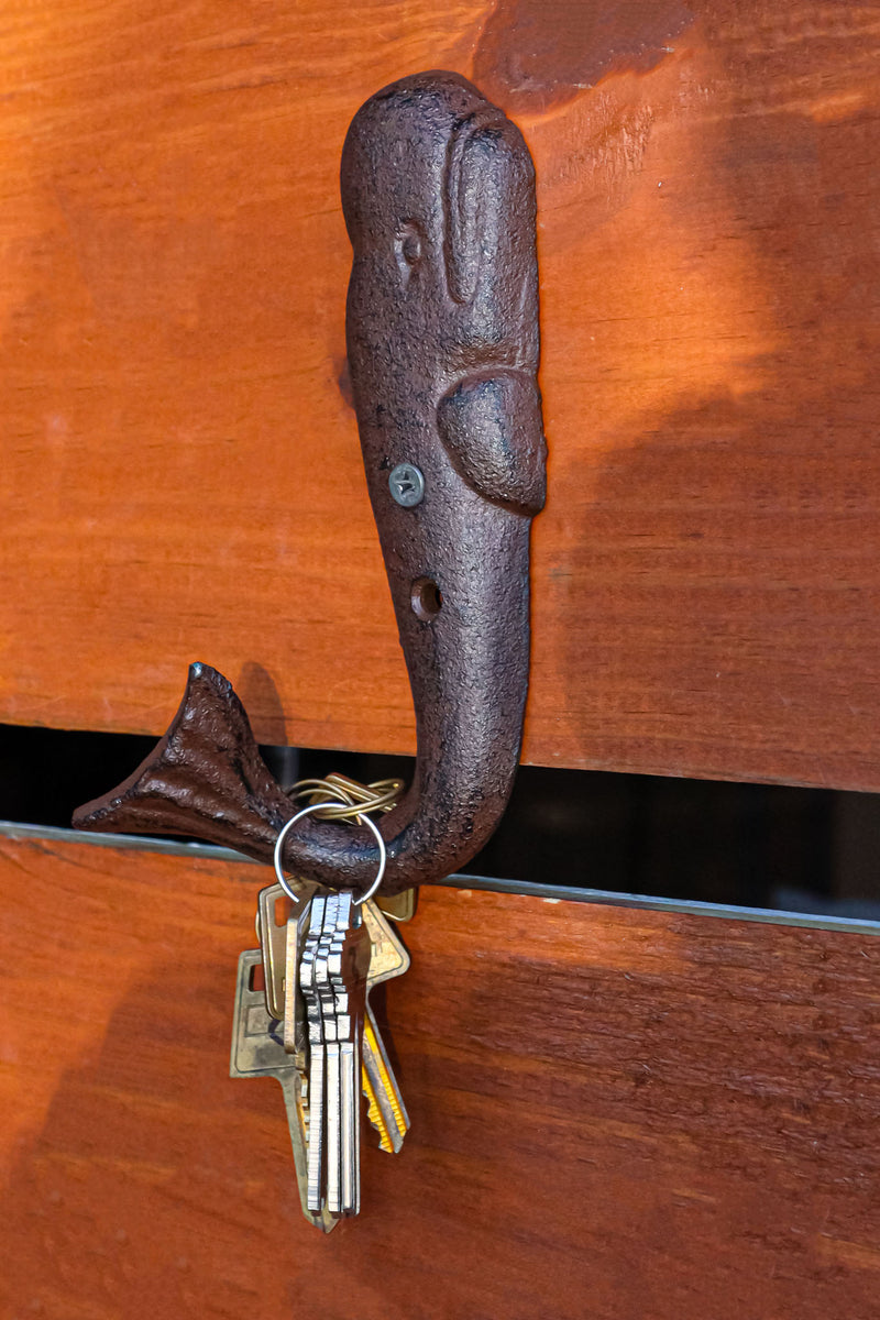 Set of 2 Cast Iron Nautical Sperm Whale Tail Wall Hooks In Rust Bronze Finish