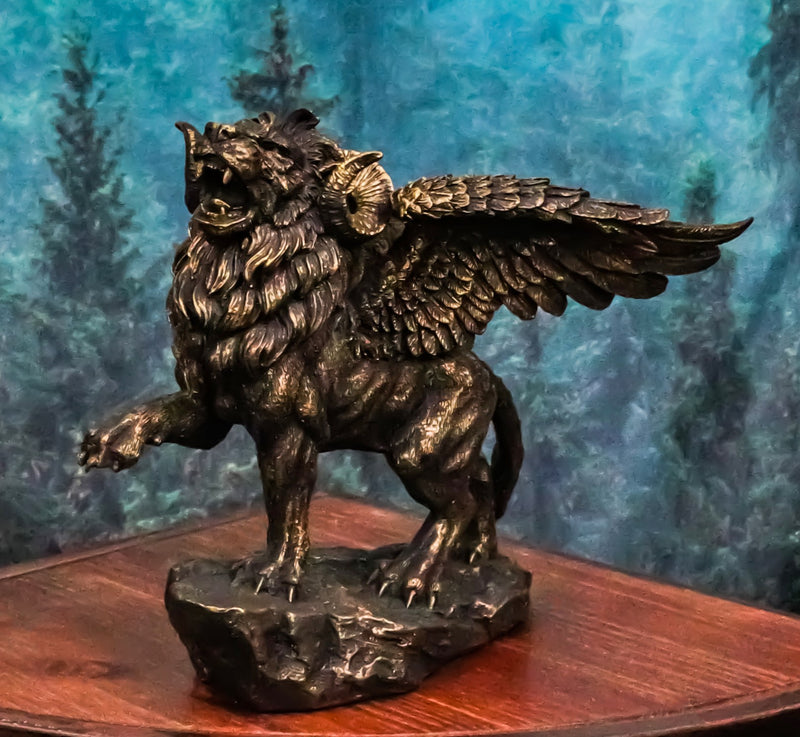 Faux Bronze Greek Guardian Winged Lion Chimera Gargoyle With Goat Horns Figurine