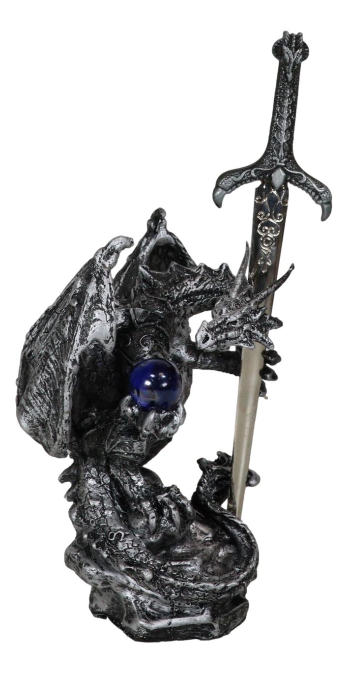 Legendary Silver Sorcerer Dragon Carrying Orb and Sword Letter Opener Figurine