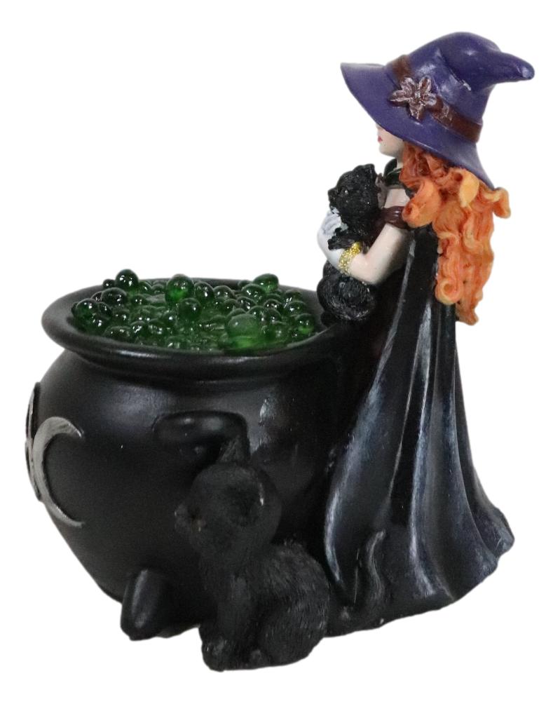 Wiccan Grand Witch Black Cat By LED Potion Bubbles Triple Moon Cauldron Figurine