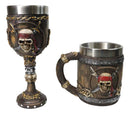 Nautical Rustic Barrel Pirate Skull Wine Goblet & Beer Tankard Mug Set of 2