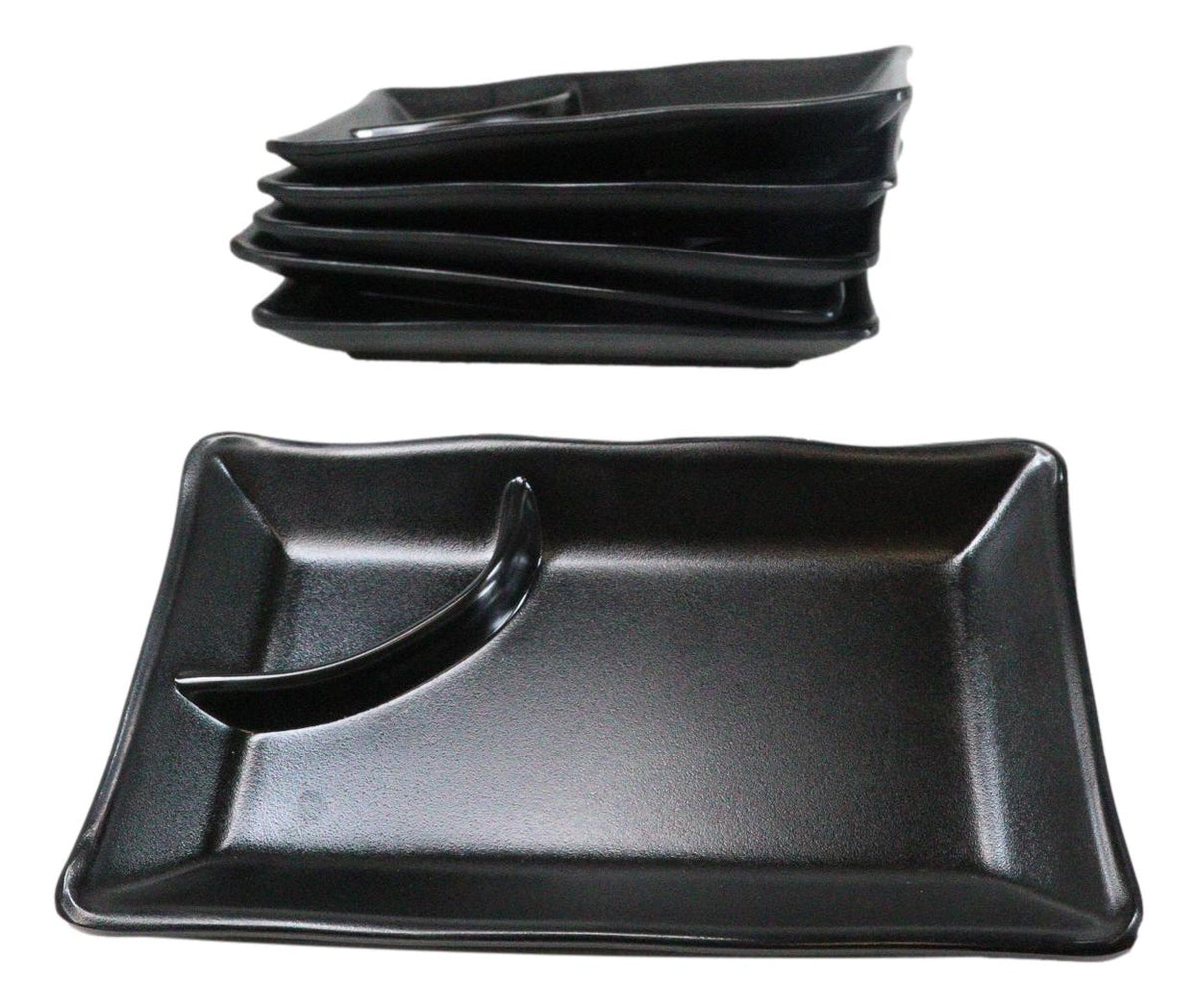 Pack Of 6 Ridged Matte Black Melamine 2 Partitions Rectangular Sushi Plates
