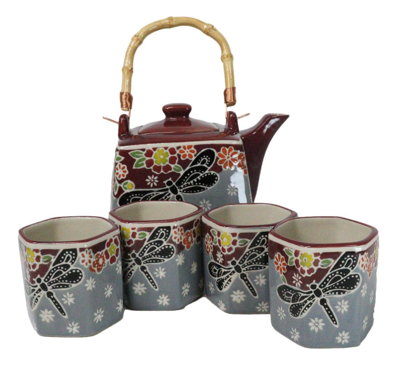 Maroon Grey Tombo Dragonfly With Flowers Hexagonal Teapot With 4 Tea Cups Set