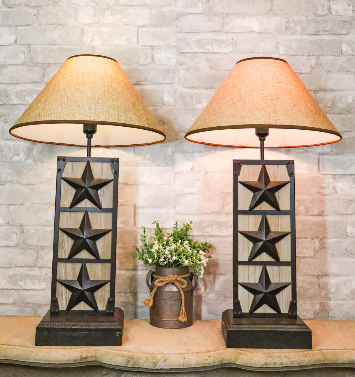 Set of 2 Rustic Western Triple Lone Stars Wood And Metal Bedside Table Lamps