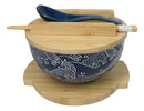 Blue Nami Waves Surf Donburi Ramen Bowl With Lid Trivet Spoon Chopsticks Set