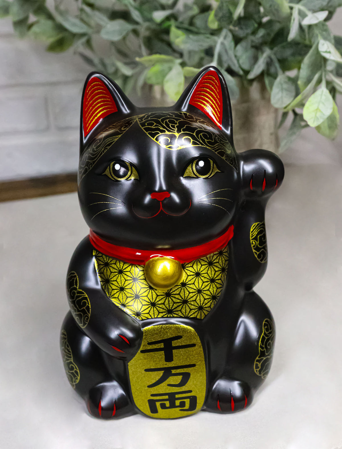 Japanese Lucky Charm Black Beckoning Cat Maneki Neko Ceramic Money Bank 6"H