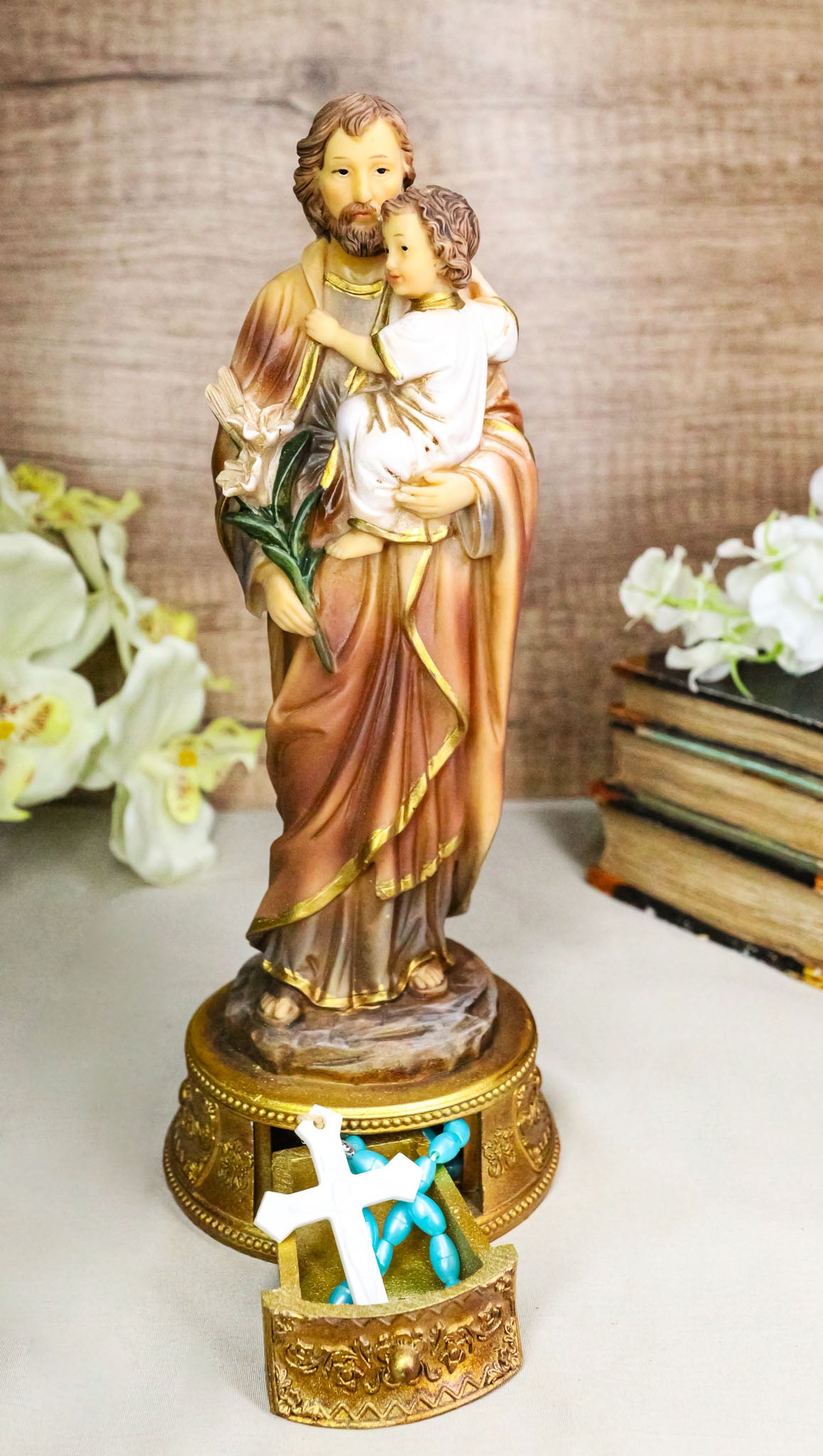 Saint Joseph Carrying Child Jesus Catholic Figurine With Rosary Drawer Box 9"H - Ebros Gift
