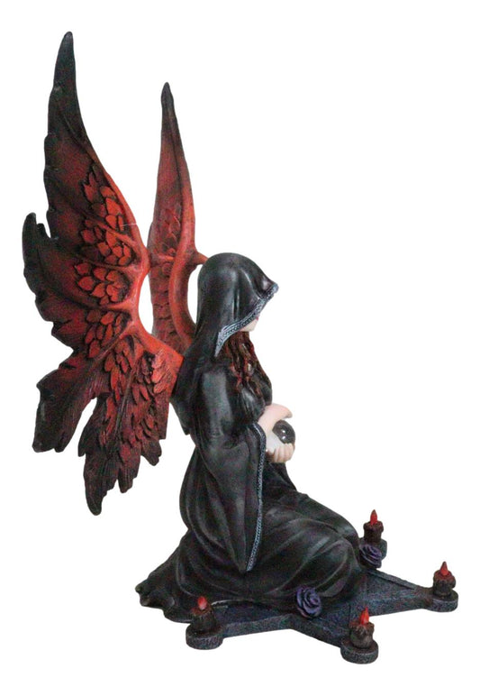Hooded Cloak Dark Angel On Pentagram Ritual Floor Holding Crystal Ball Figurine