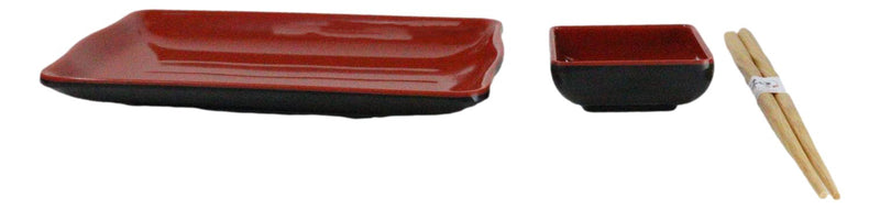 Red Black Melamine Wavy Sushi Plates Sauce Dishes And Chopsticks Set Serves 2