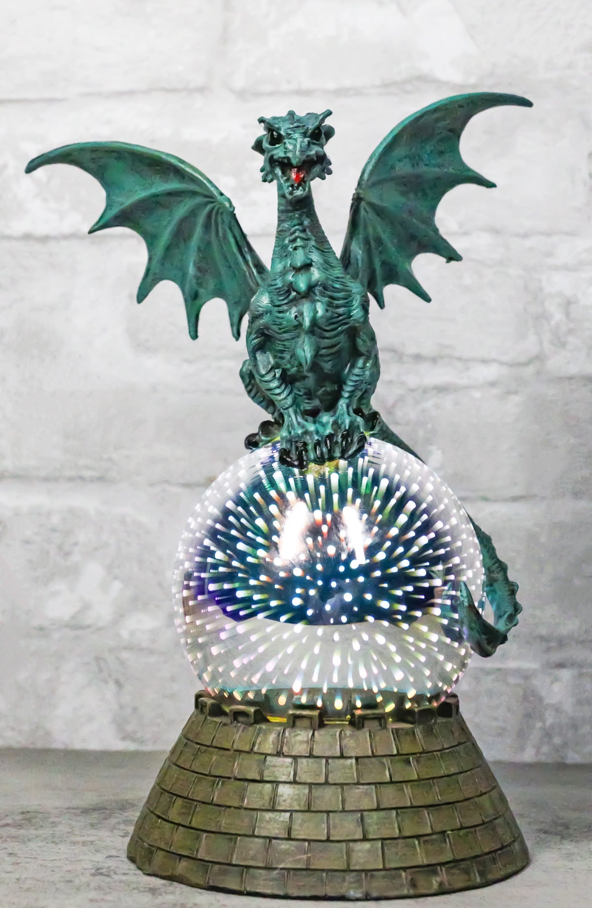Teal Monarch Dragon Perching On LED Optic Plasma Ball With Battlement Wall Base