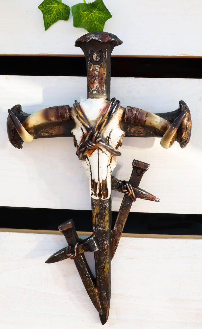 Rustic Western Barbed Wires Cow Skull With 3 Spike Nails Crosses Wall Cross