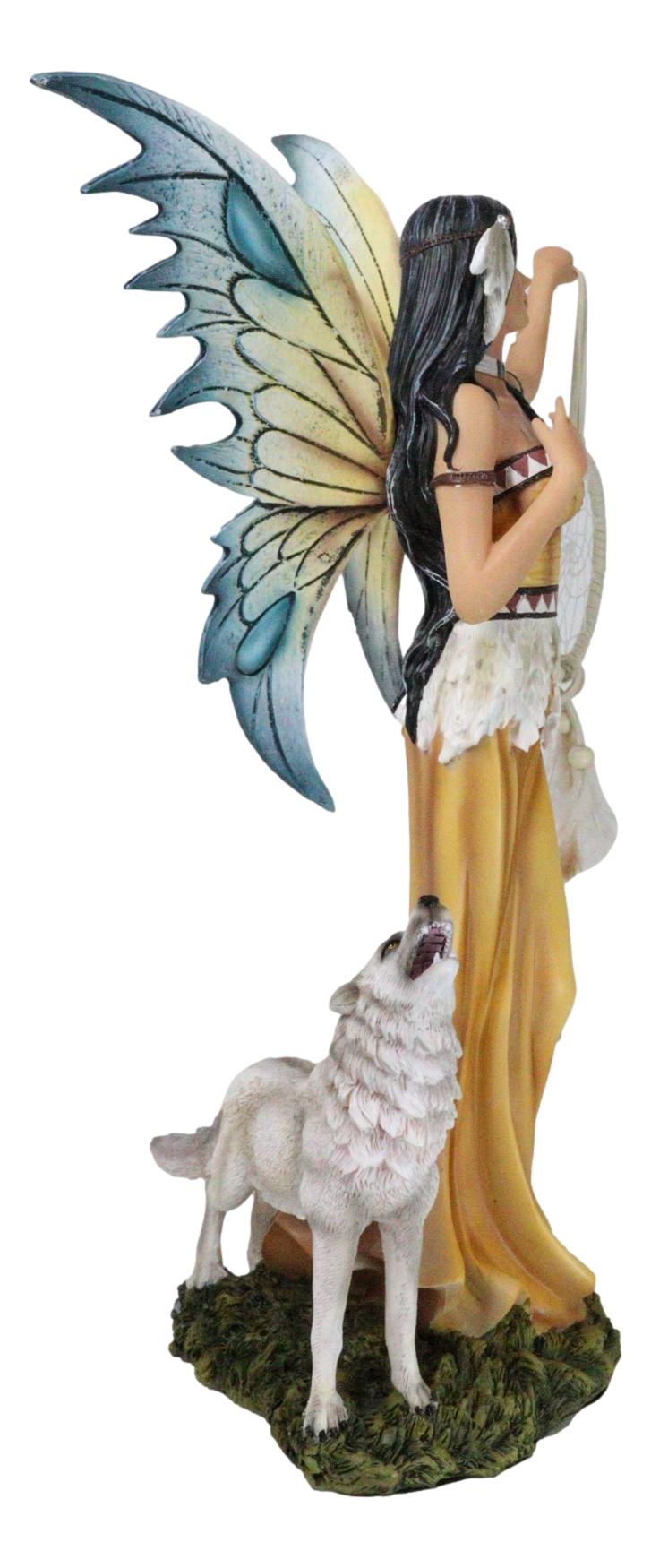 Large Native Indian Fairy Pocahontas Holding Dreamcatcher With Grey Wolf Statue