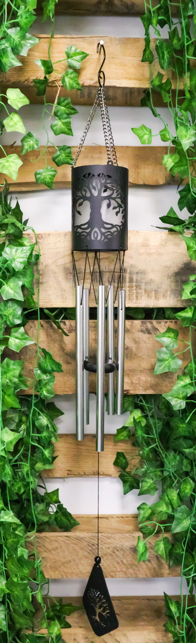 Celtic Tree Of Life Cylindrical Steel Metal Filigree Hanging Solar Wind Chime