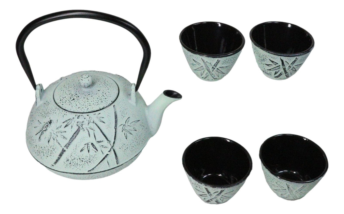 Mint Green Bamboo Design Tetsubin Cast Iron Teapot 40oz And 4 Tea Cups Set