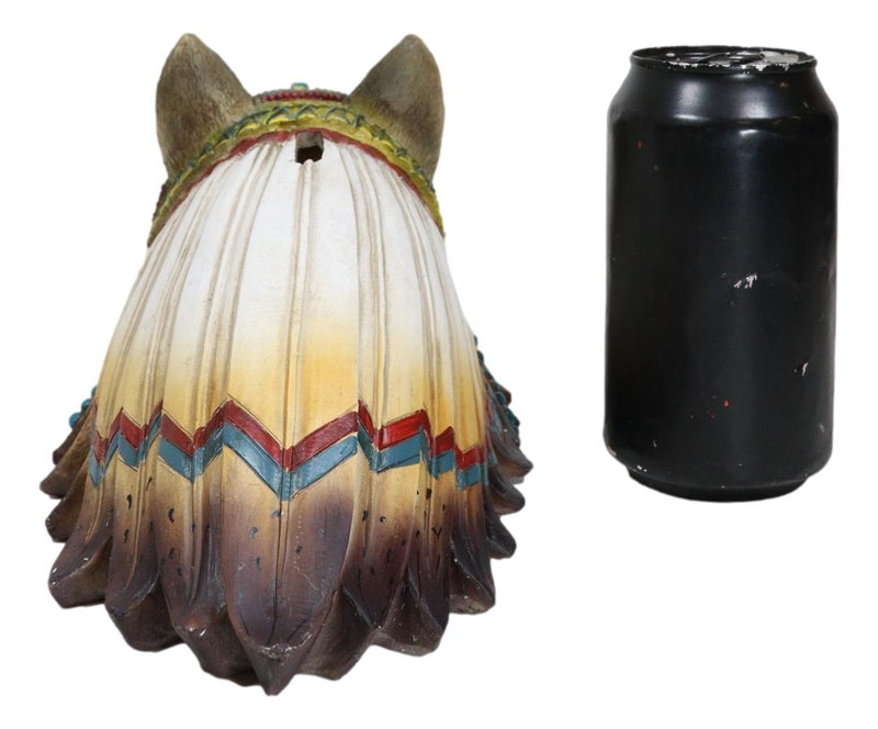 Rustic Gray Wolf With Indian Chief Headdress Piggy Coin Money Bank Jar Figurine