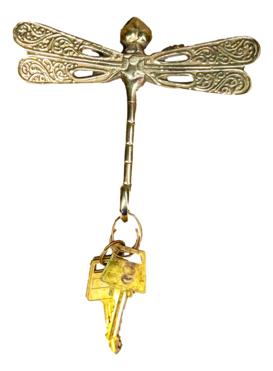 Set Of 2 Polished Brass Dragonfly With Scrollwork Filigree Wings Wall Hooks