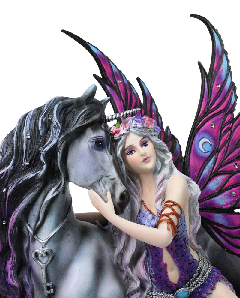 Purple Tribal Fairy Sitting With Midnight Key Lock Dark Unicorn Figurine 14.5"L