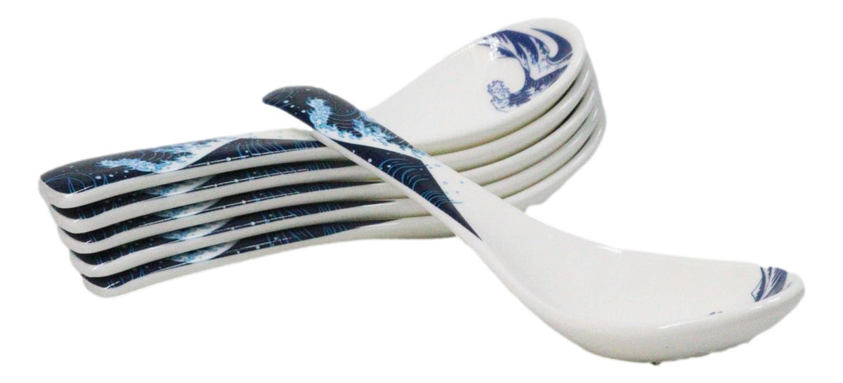 Set of 6 Great Wave Hokusai Porcelain Asian Soup Spoons Japanese Ramen Pho
